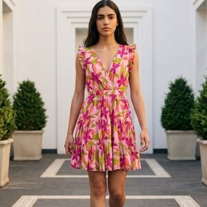 Taylor pink floral ruffle mini dress